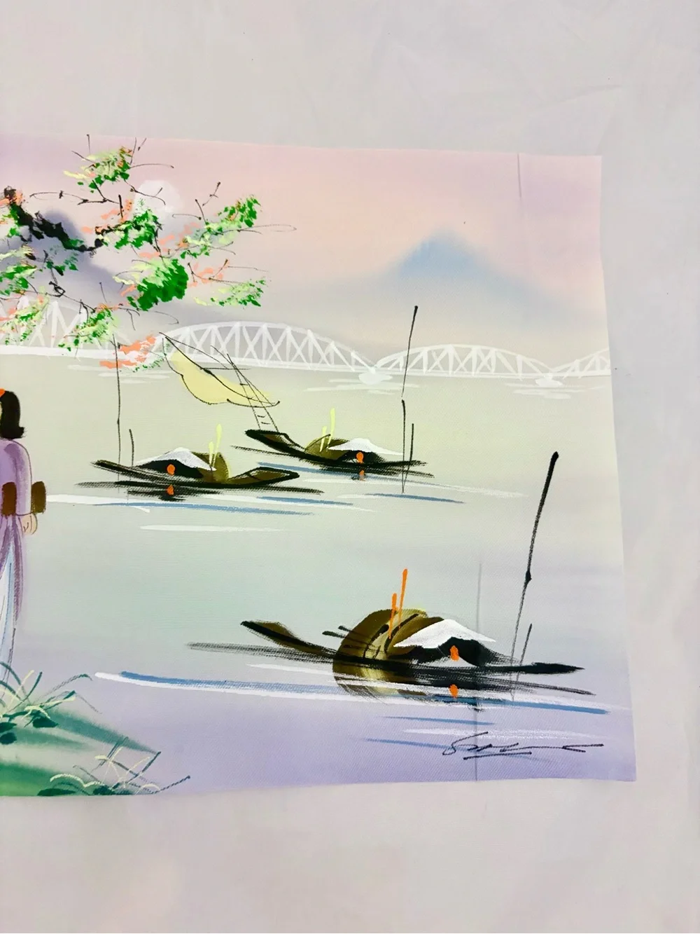 Vintage Hand painted Scene on Fabric Asian Style